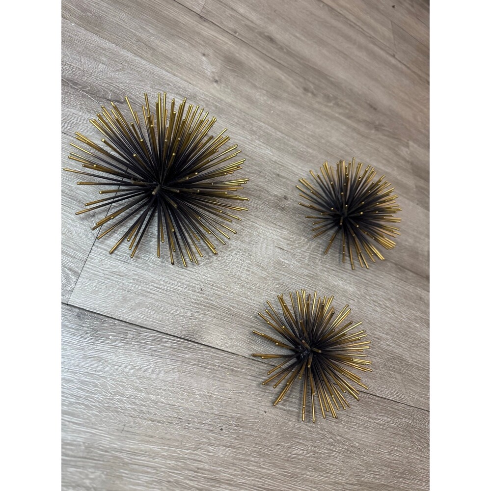 Mid Century Modern Starburst Decor Gold Black Metal Urchin Sculpture Set